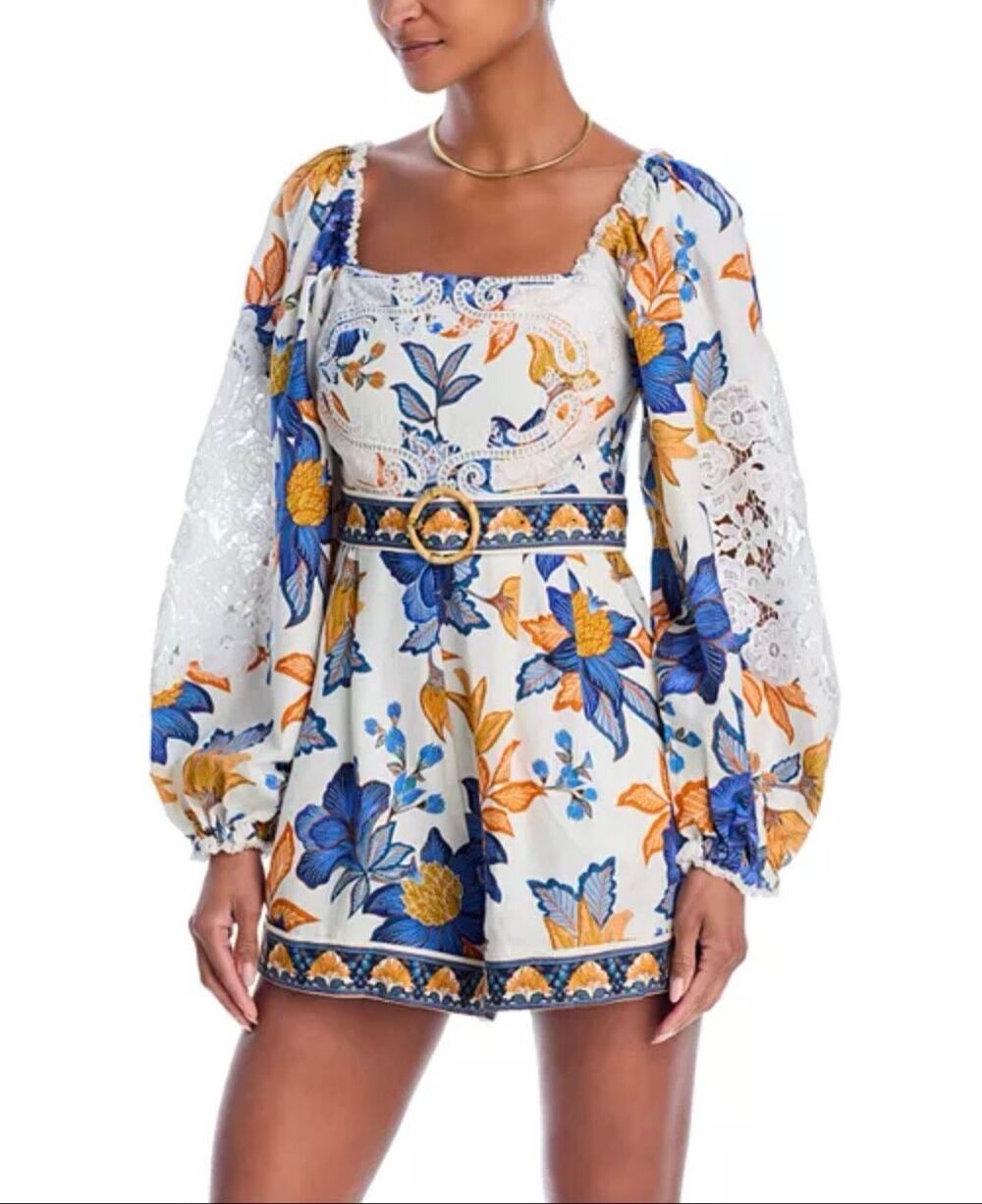 Farm Rio Floral Lace Trim Balloon Sleeve Linen Blend Romper Multicolor XS NWT